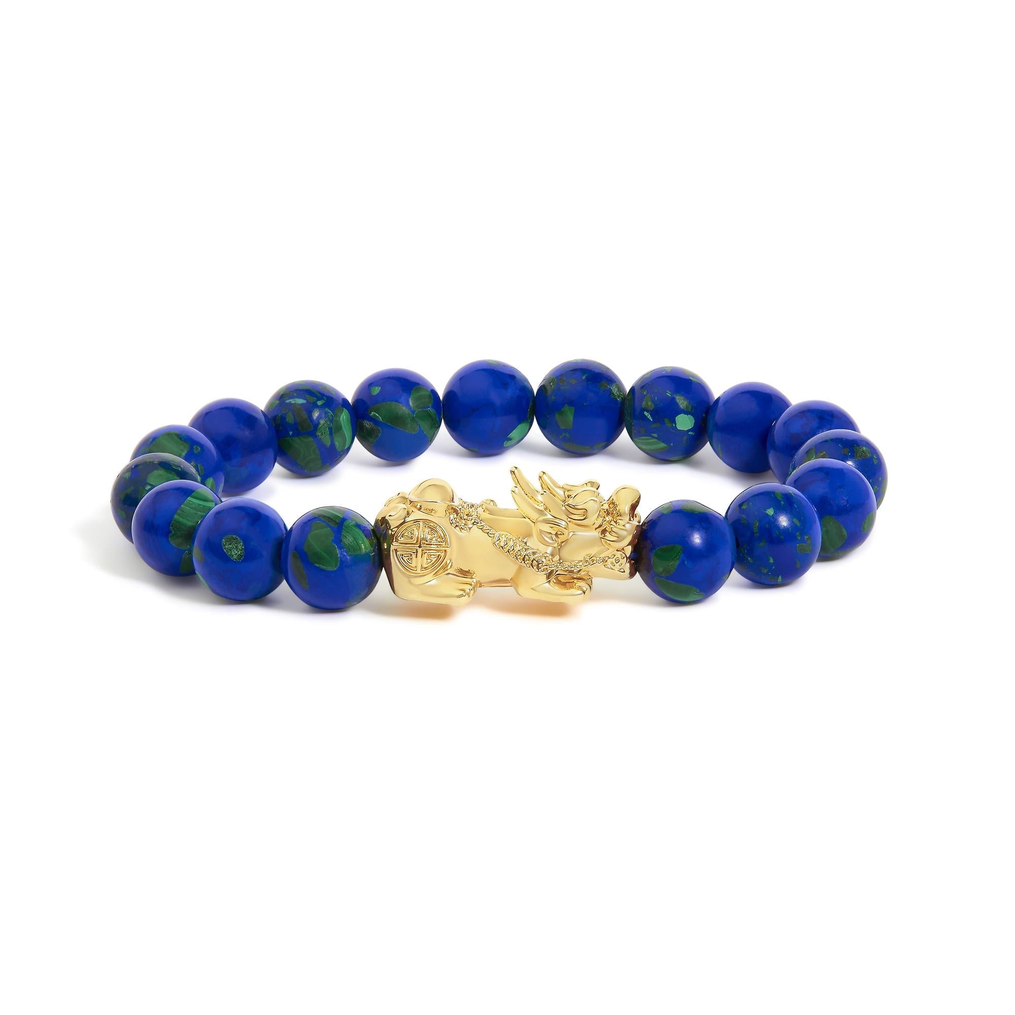 18K Yellow Gold Azurite Beaded Dragon Charm Bracelet