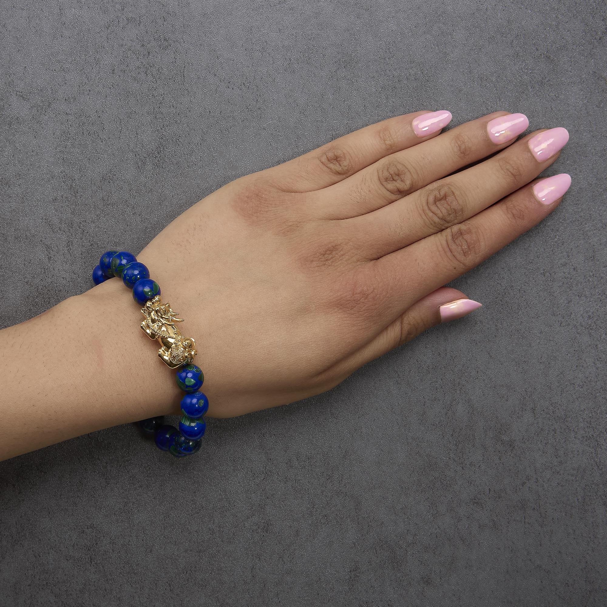 18K Yellow Gold Azurite Beaded Dragon Charm Bracelet