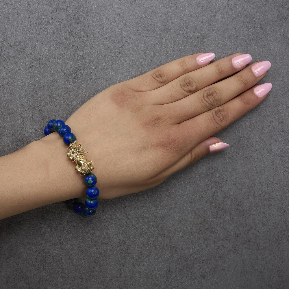 18K Yellow Gold Azurite Beaded Dragon Charm Bracelet