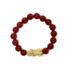 18K Yellow Gold Dragon Charm Red Agate Beaded Charm Bracelet