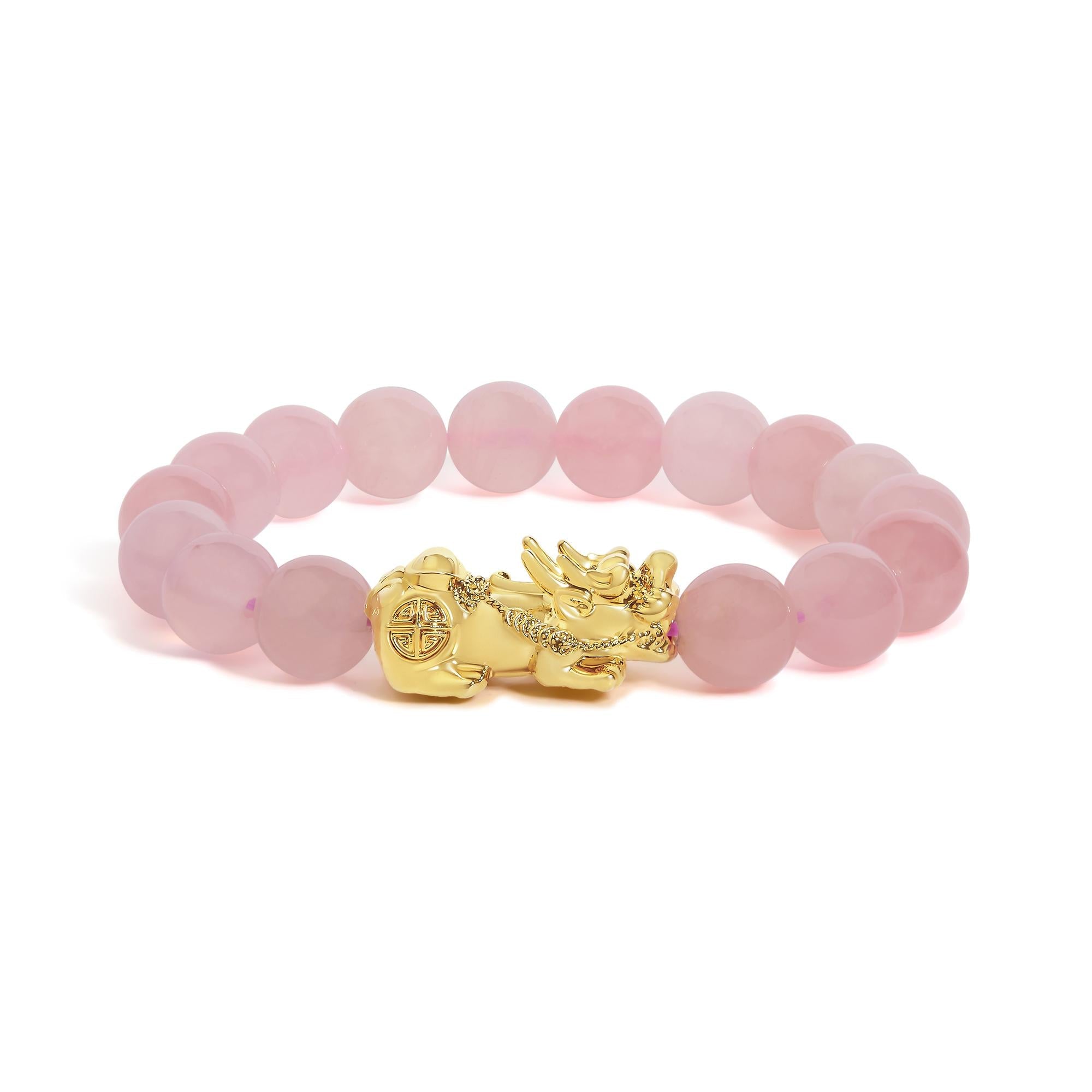 18K Yellow Gold Dragon Charm Natural Rose Quartz Beaded Charm Bracelet