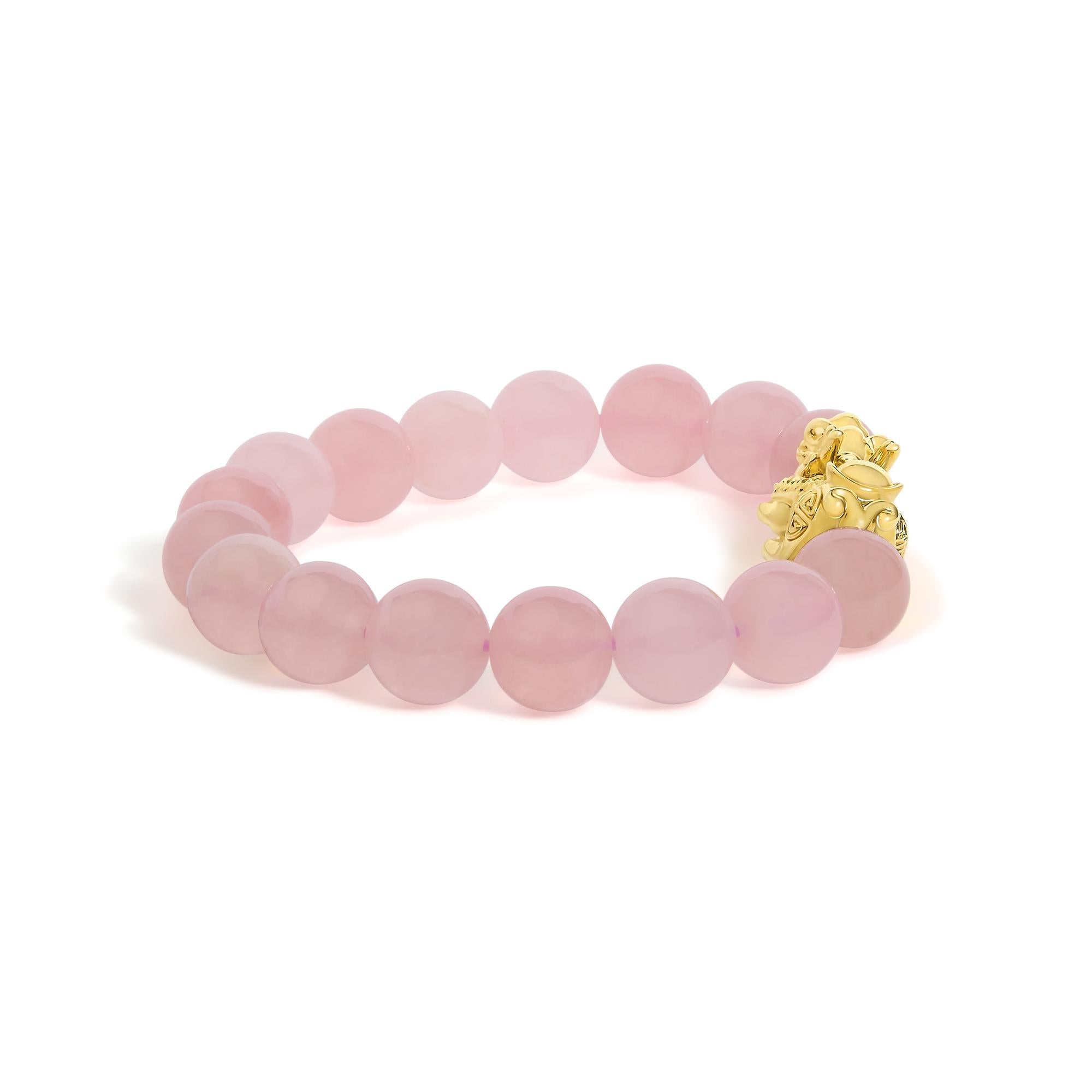 18K Yellow Gold Dragon Charm Natural Rose Quartz Beaded Charm Bracelet