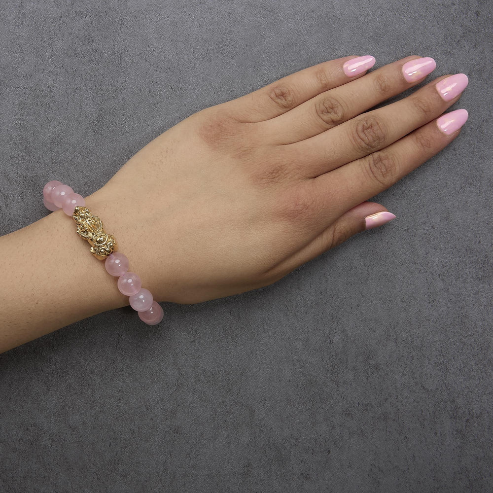 18K Yellow Gold Dragon Charm Natural Rose Quartz Beaded Charm Bracelet