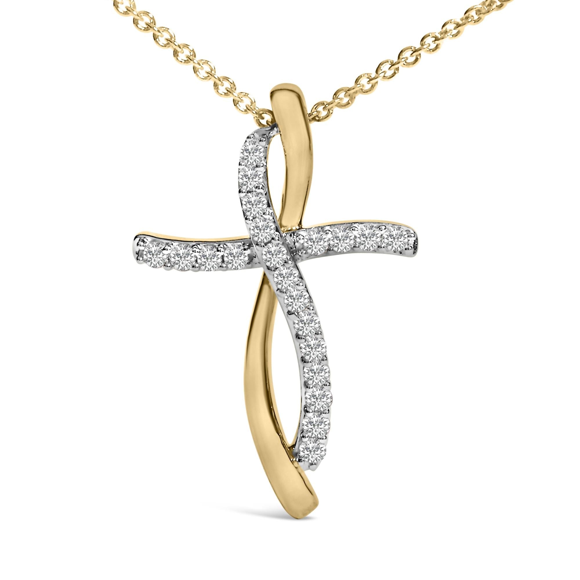 14K Yellow Gold Plated Sterling Silver 1/4 Cttw Diamond Cross Pendant Necklace