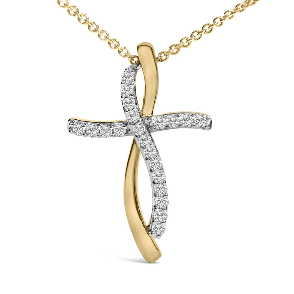 14K Yellow Gold Plated Sterling Silver 1/4 Cttw Diamond Cross Pendant Necklace