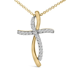 14K Yellow Gold Plated Sterling Silver 1/4 Cttw Diamond Cross Pendant Necklace