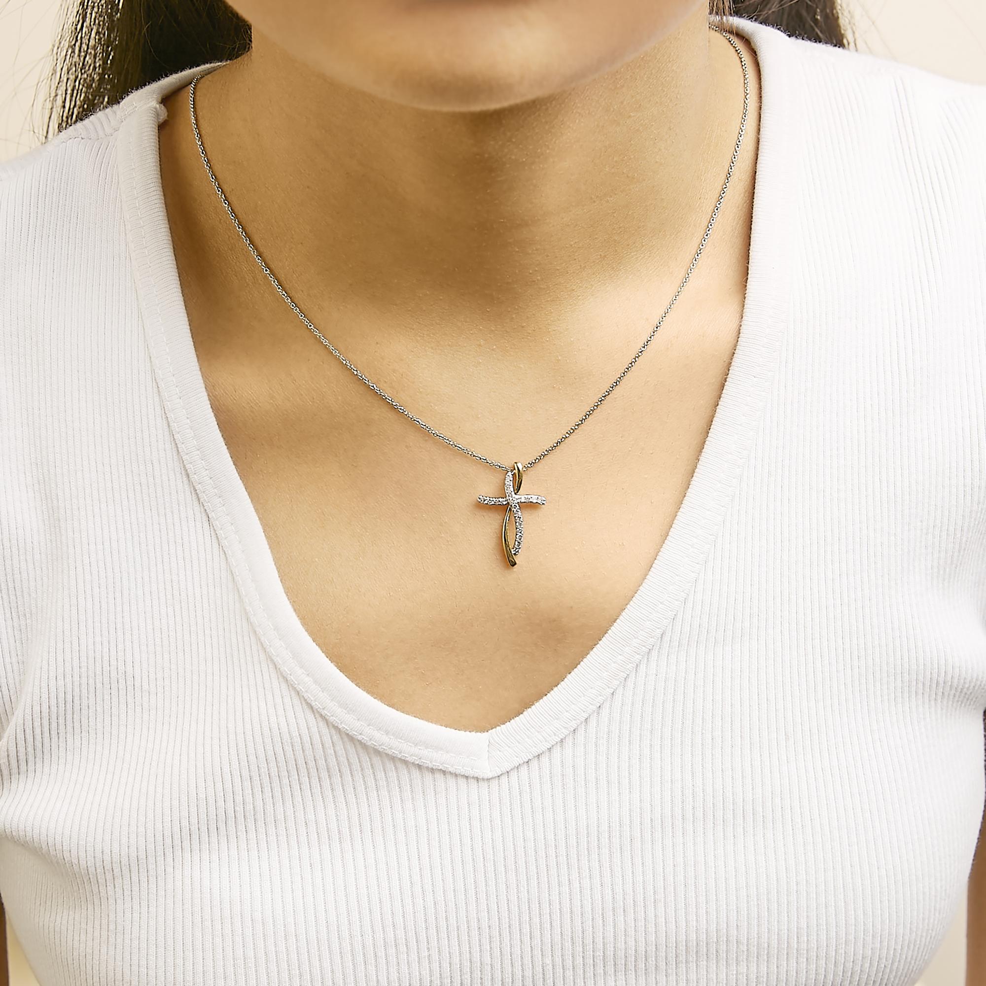 14K Yellow Gold Plated Sterling Silver 1/4 Cttw Diamond Cross Pendant Necklace