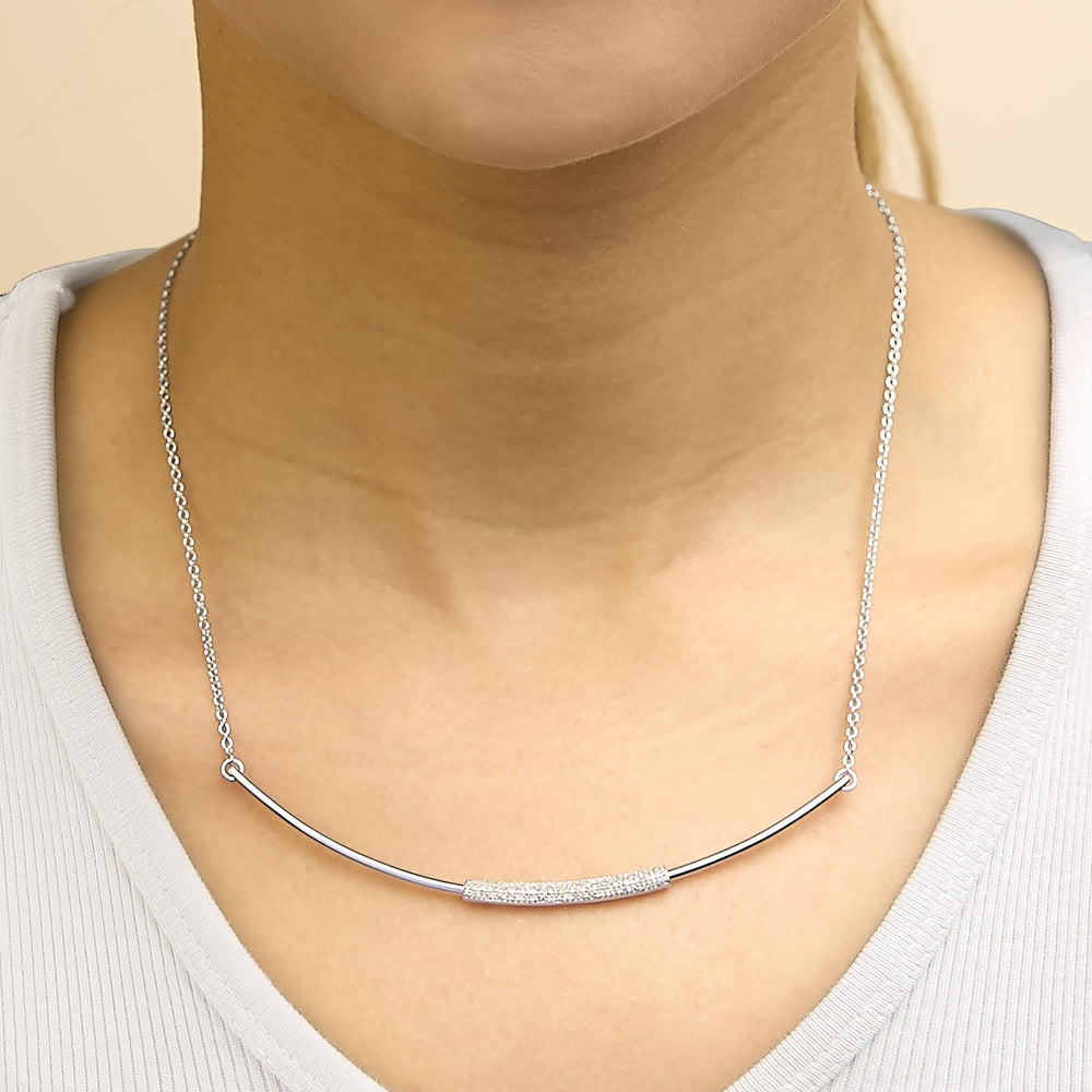 .925 Sterling Silver 1/5 Cttw Diamond Curved Bar Diamond Necklace