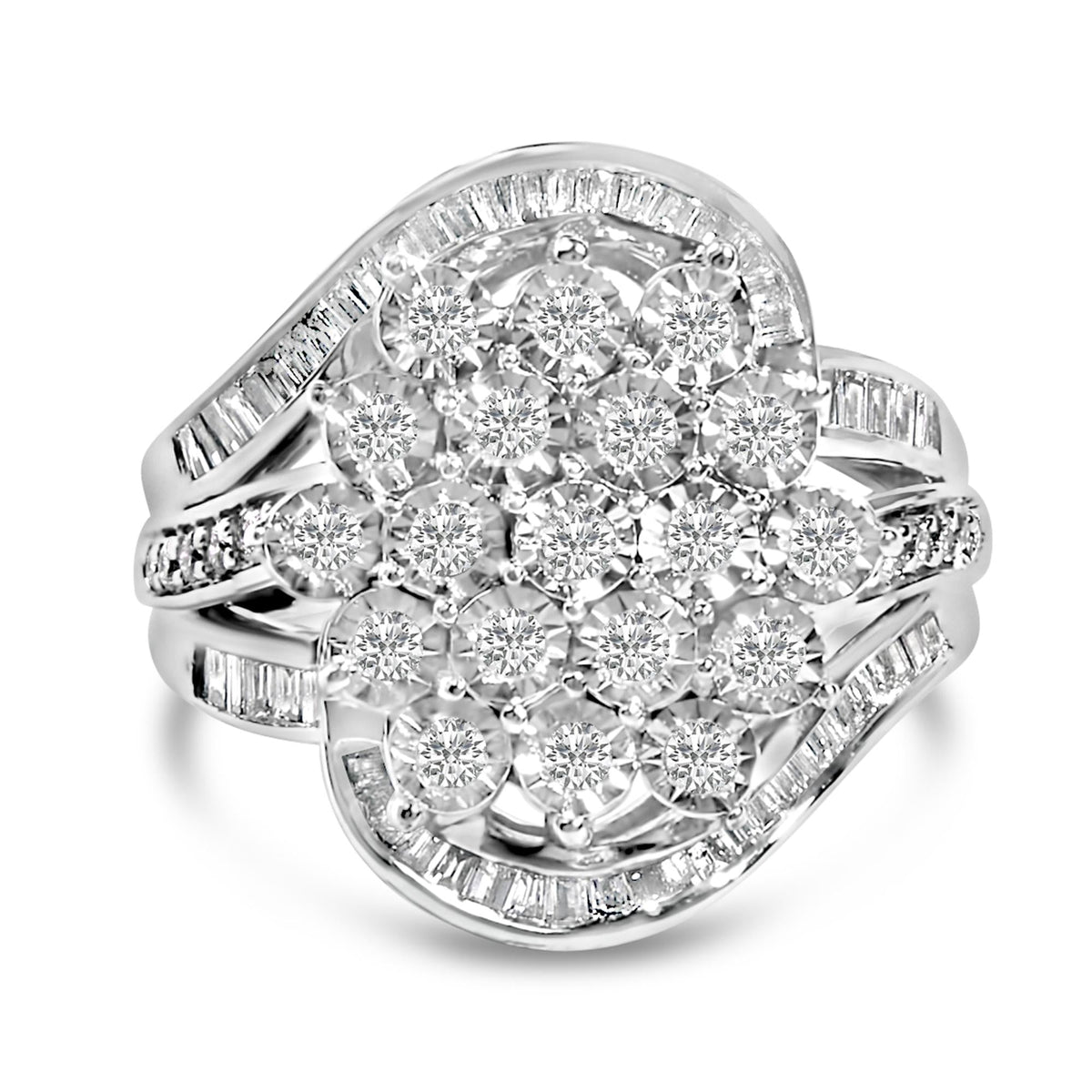 Sterling Silver 1.0 Cttw Diamond Swirl Cluster Cocktail Ring