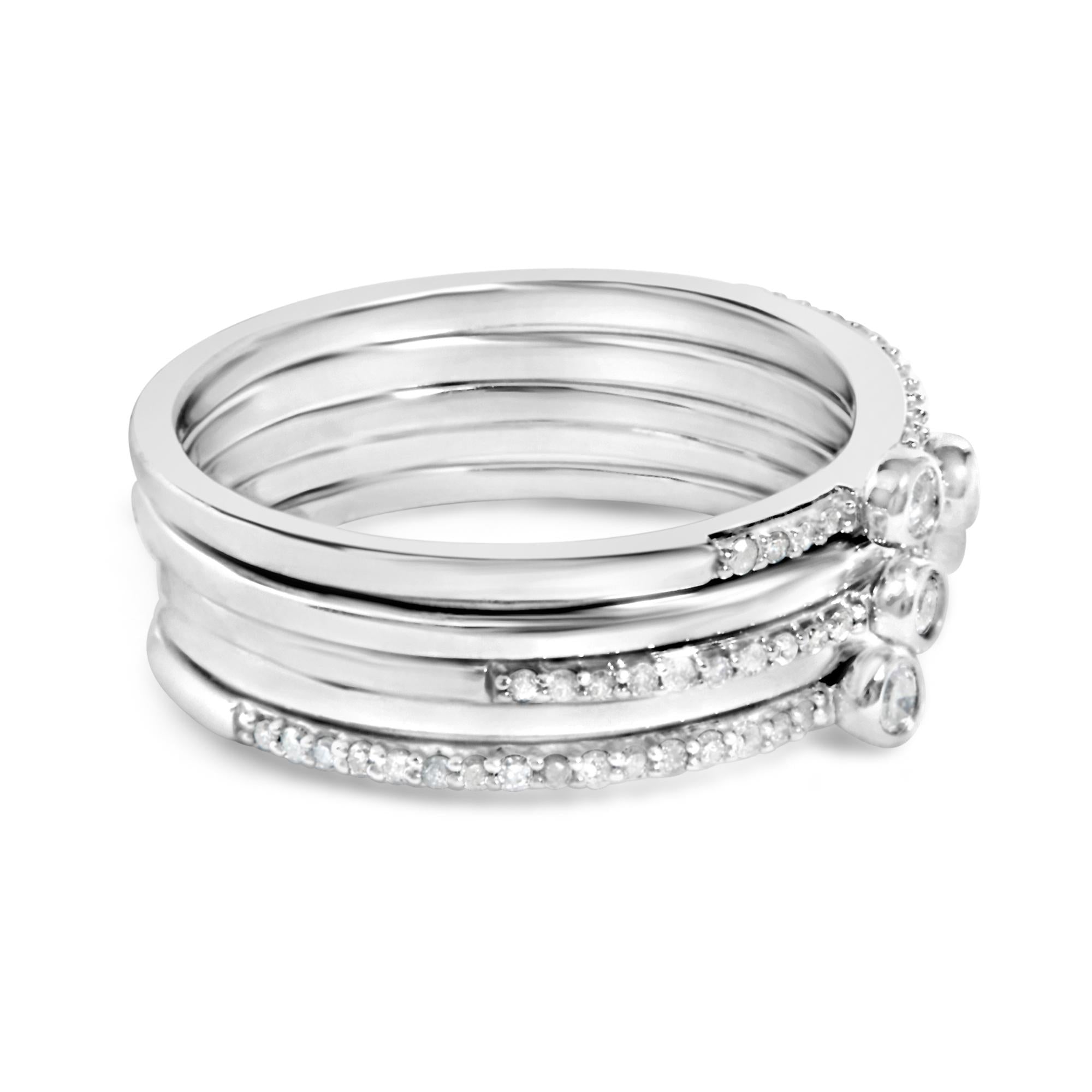 Sterling Silver 3/8 Cttw Diamond Bezel and Pave Set Stackable Ring Set