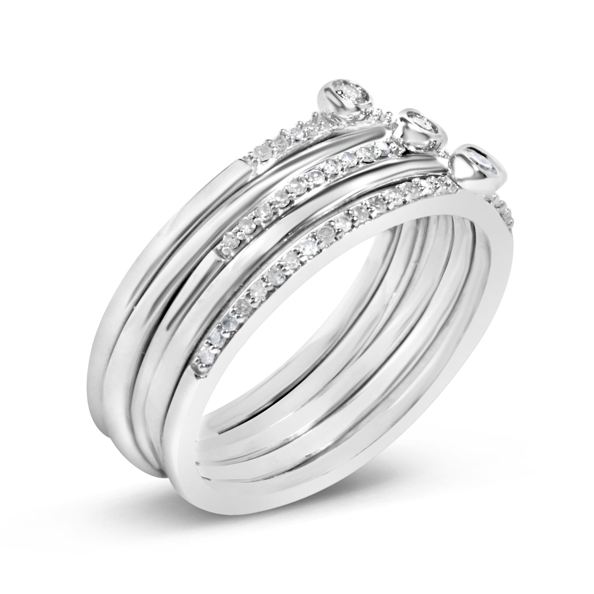 Sterling Silver 3/8 Cttw Diamond Bezel and Pave Set Stackable Ring Set