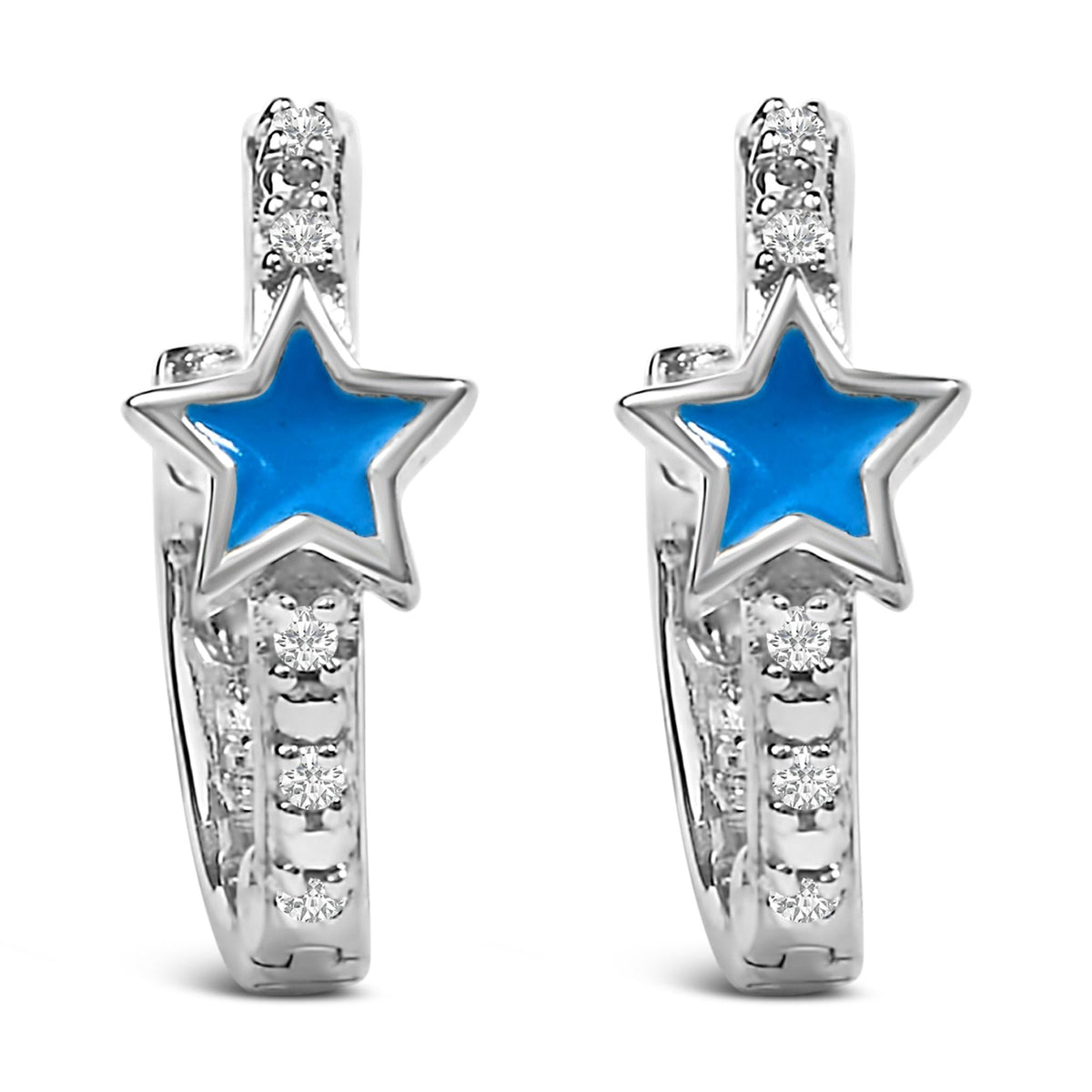 .925 Sterling Silver Diamond Accent and Blue Enamel Star Hoop Earrings