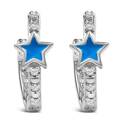 .925 Sterling Silver Diamond Accent and Blue Enamel Star Hoop Earrings