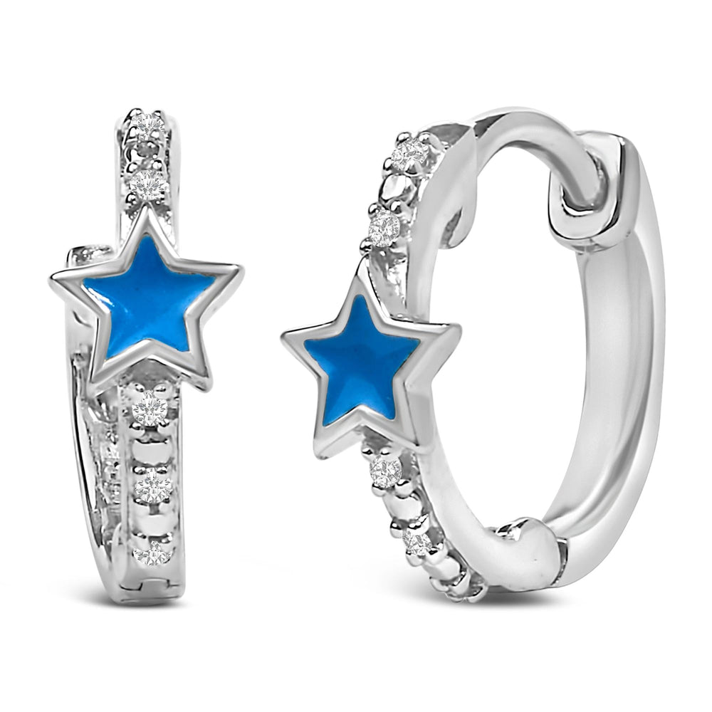 .925 Sterling Silver Diamond Accent and Blue Enamel Star Hoop Earrings