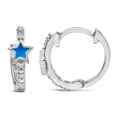 .925 Sterling Silver Diamond Accent and Blue Enamel Star Hoop Earrings