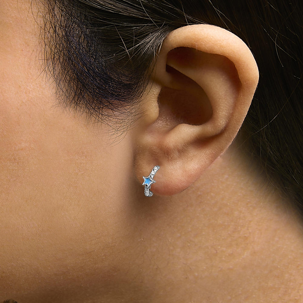 .925 Sterling Silver Diamond Accent and Blue Enamel Star Hoop Earrings
