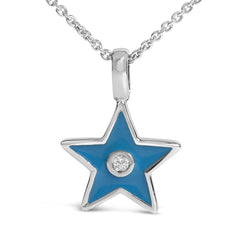 Sterling Silver Blue Enamel and Diamond Accent Star Pendant Necklace