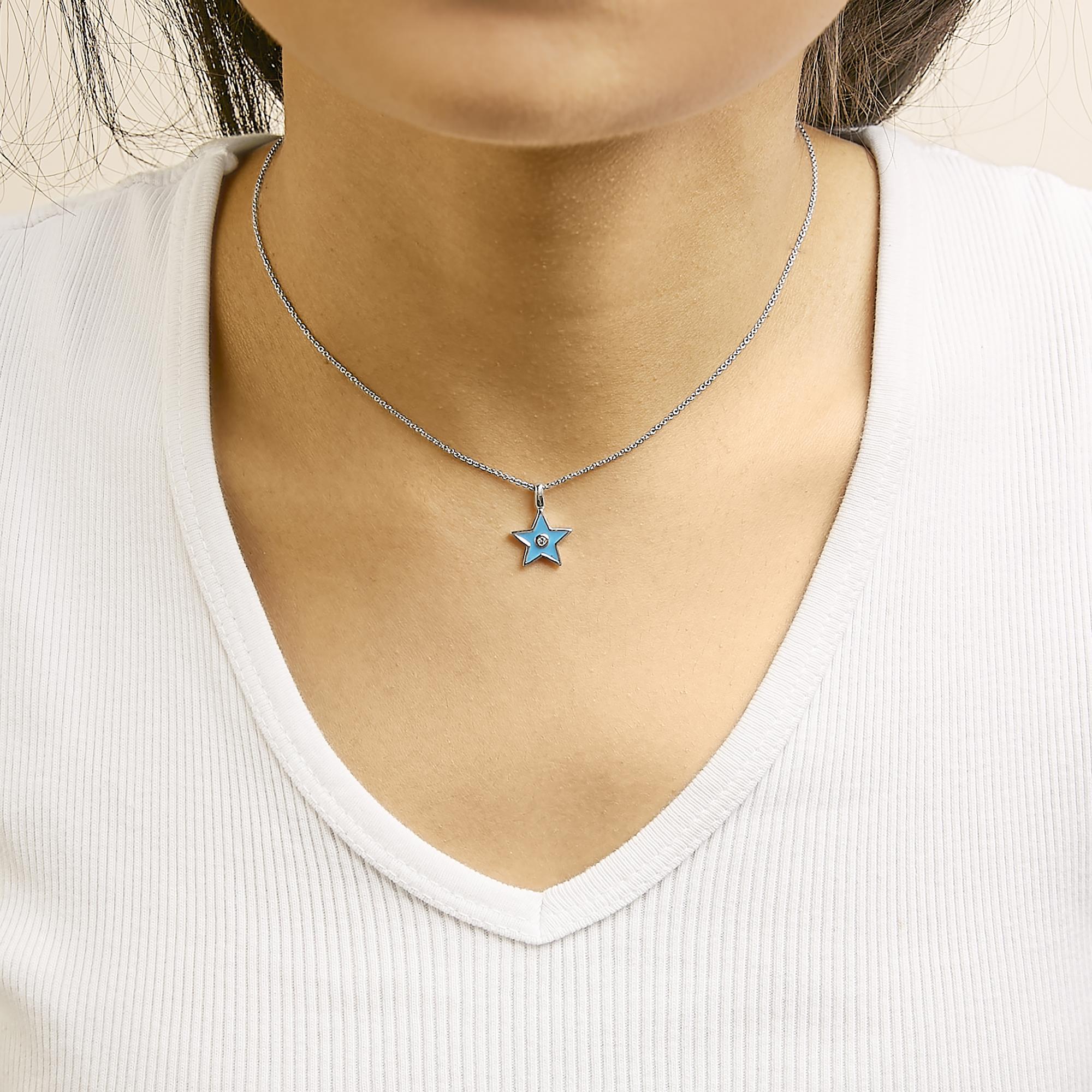 Sterling Silver Blue Enamel and Diamond Accent Star Pendant Necklace