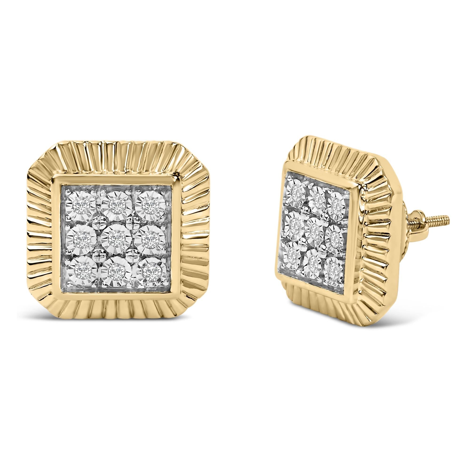 10K Yellow Gold Plated .925 Sterling Silver 1/6 Cttw Diamond Textured Halo Stud Earrings