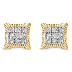 10K Yellow Gold Plated .925 Sterling Silver 1/4 Cttw Diamond Textured Halo Stud Earrings