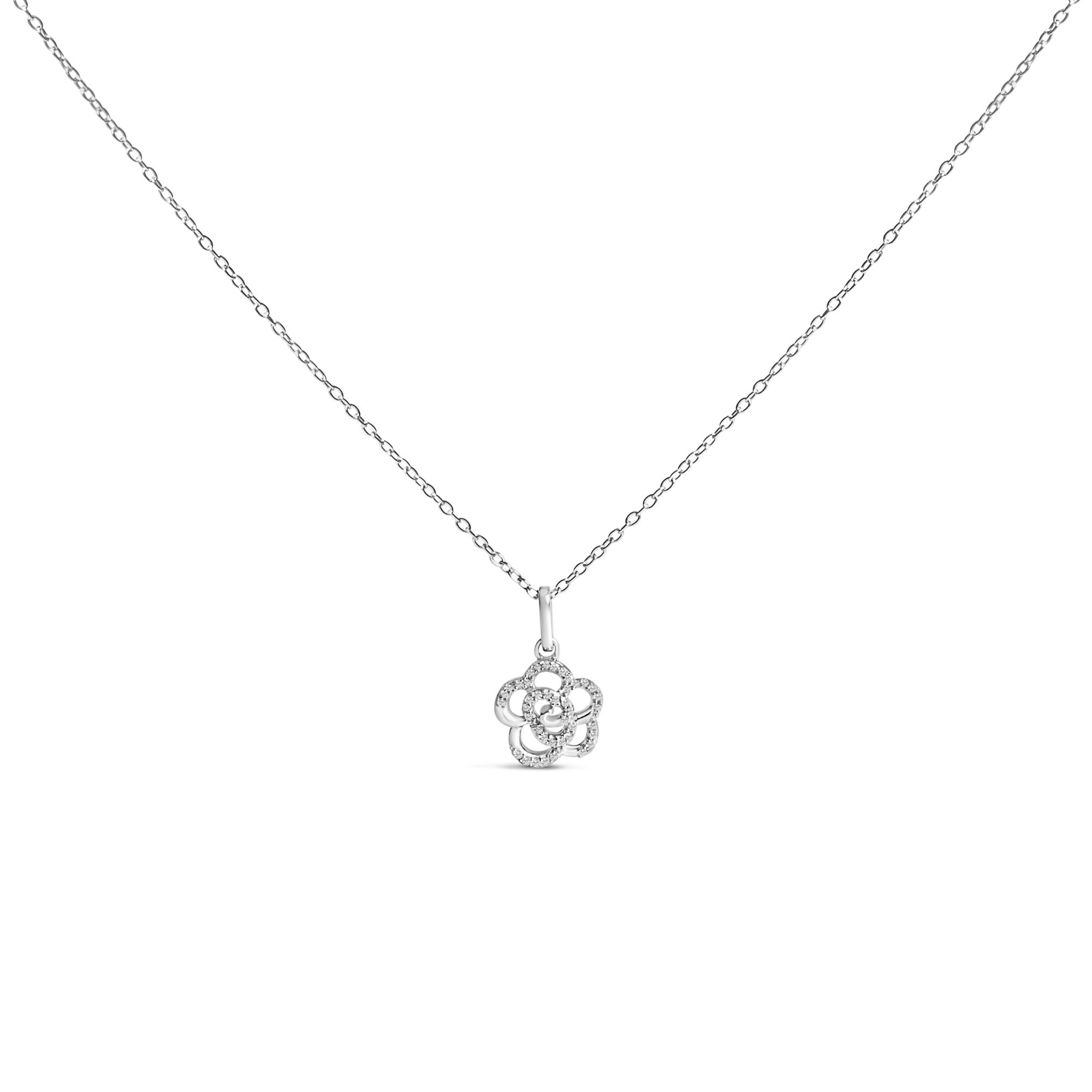 Sterling Silver 1/10 Cttw Diamond Floral Pendant Necklace