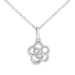 Sterling Silver 1/10 Cttw Diamond Floral Pendant Necklace