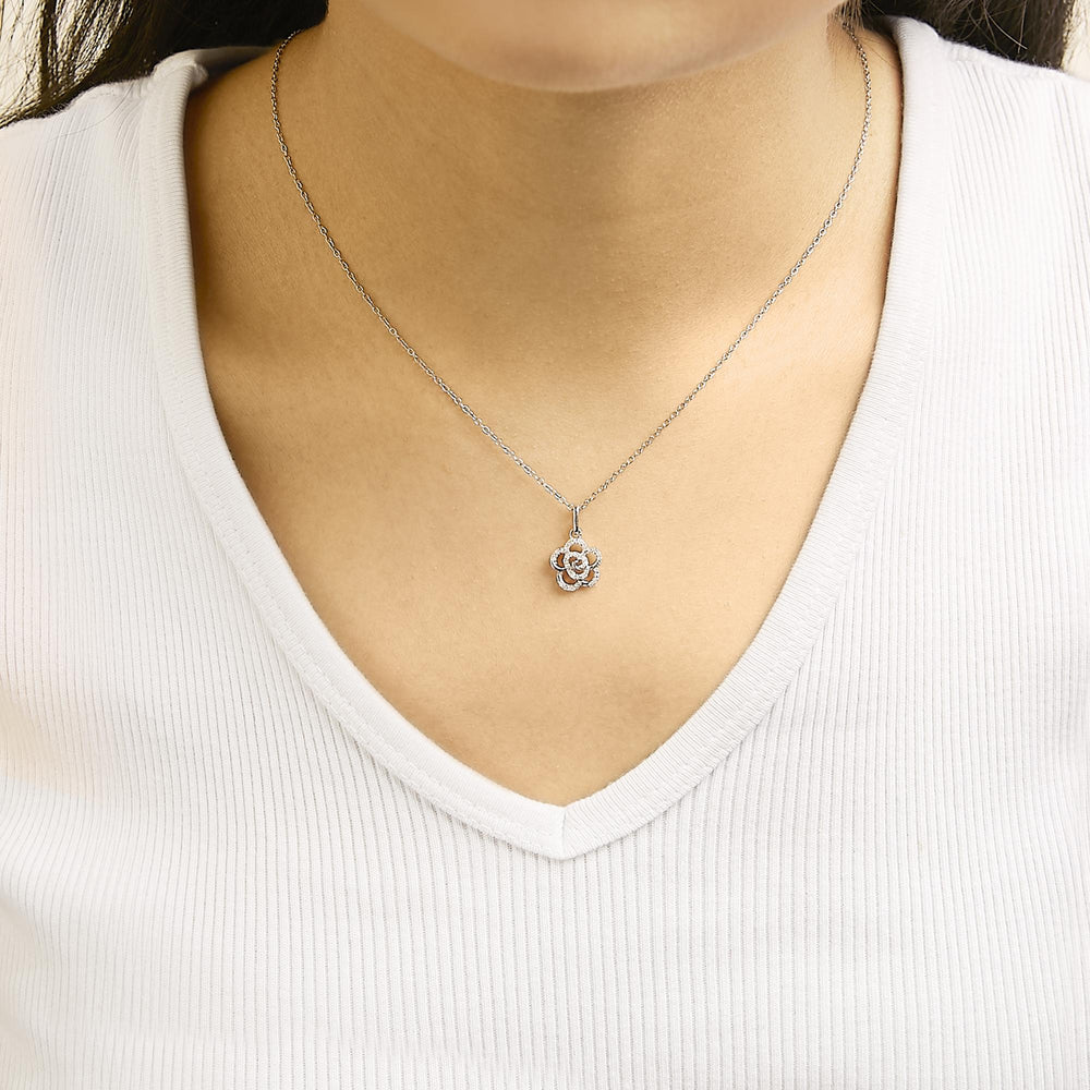 Sterling Silver 1/10 Cttw Diamond Floral Pendant Necklace