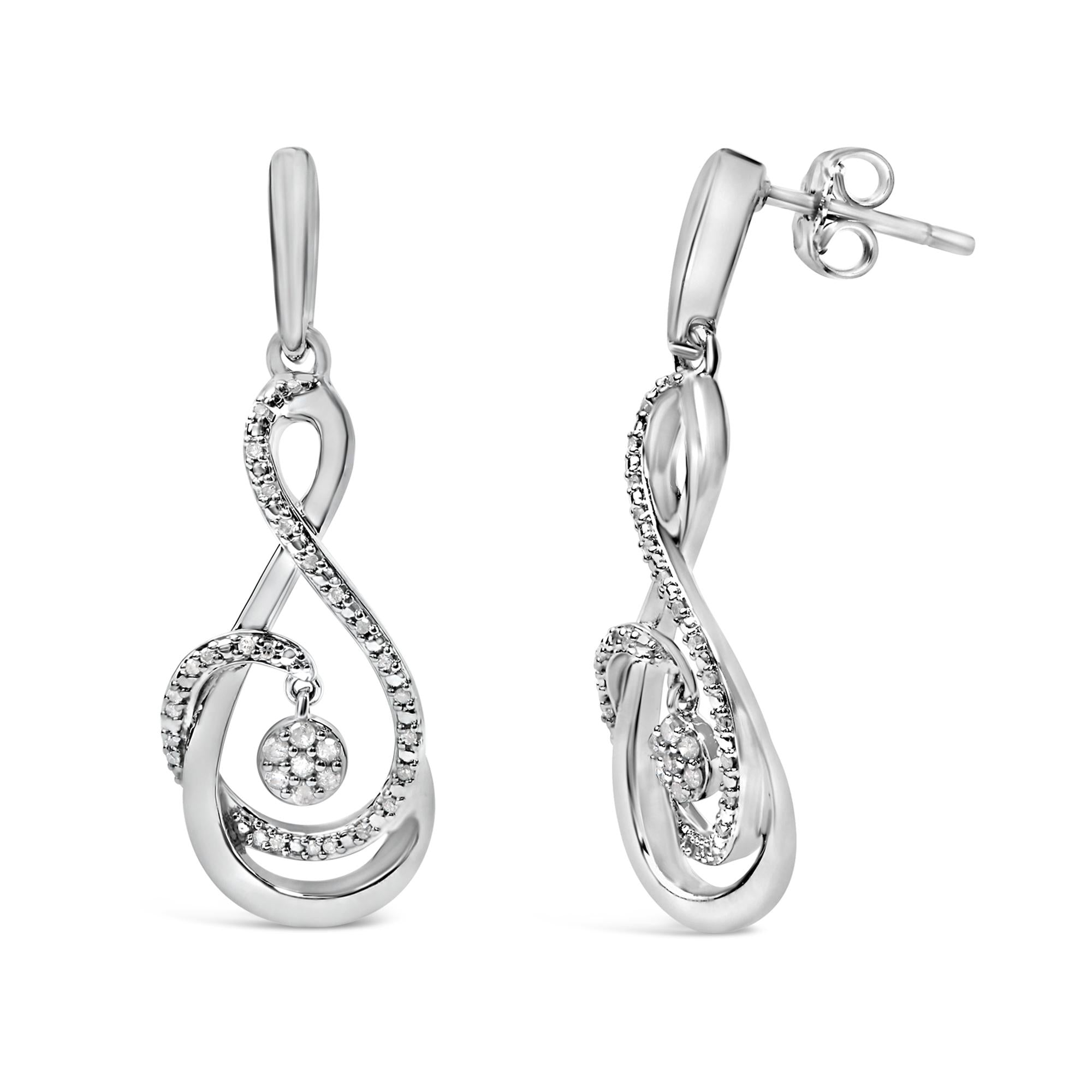 .925 Sterling Silver 1/6 Cttw Diamond Spiral Twist Drop and Dangle Earrings