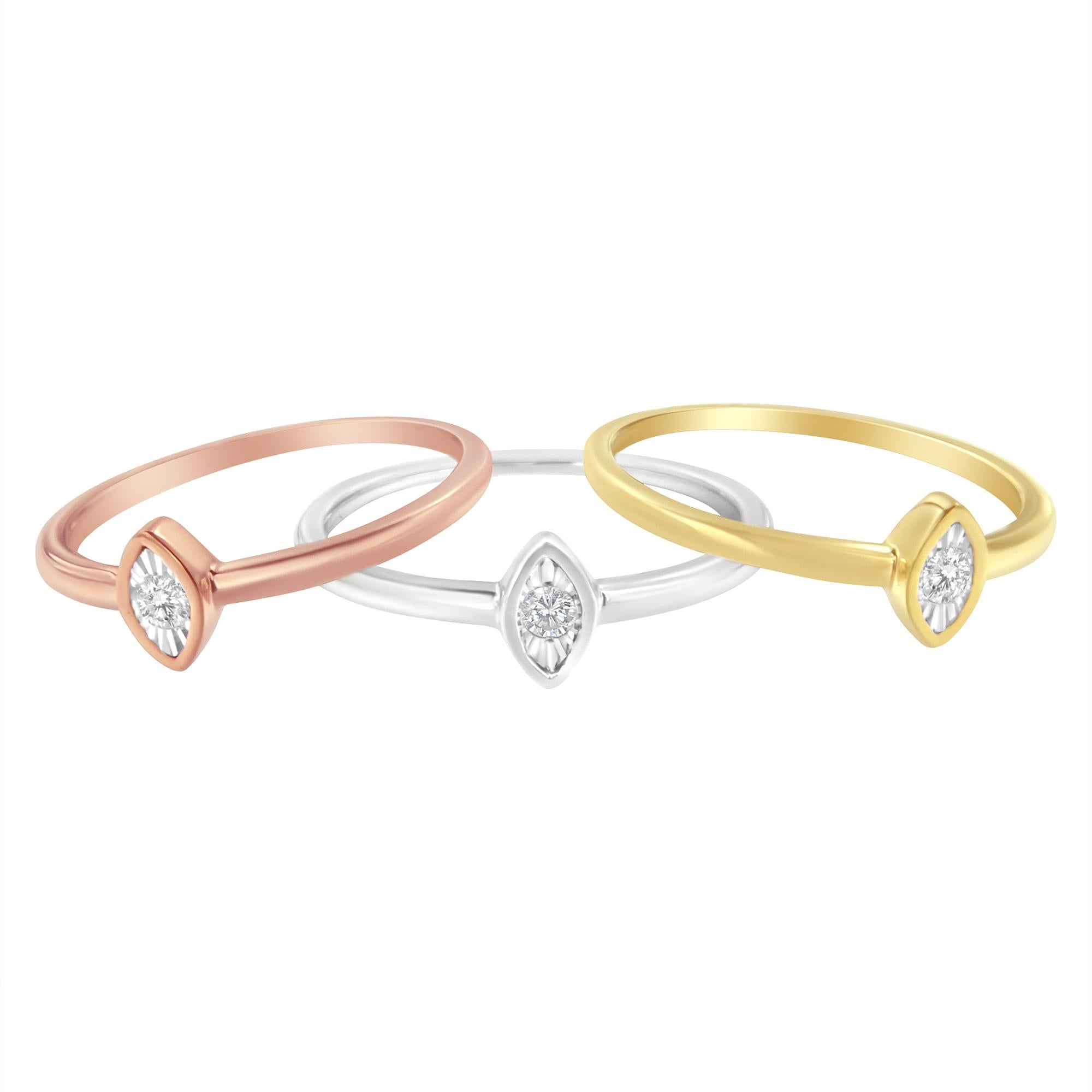 14K Gold Plated .925 Sterling Silver 1/6 Cttw Diamond Marquise Shaped Stackable Promise Ring Set (J-K Color, I1-I2 Clarity)