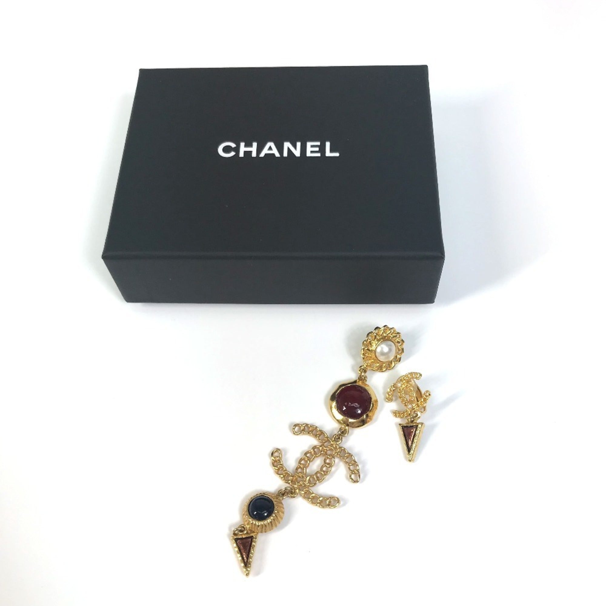 CHANEL CC Coco Mark Color Stone Faux Pearl A18K Earrings GP Women's Gold x Multicolor — Like New