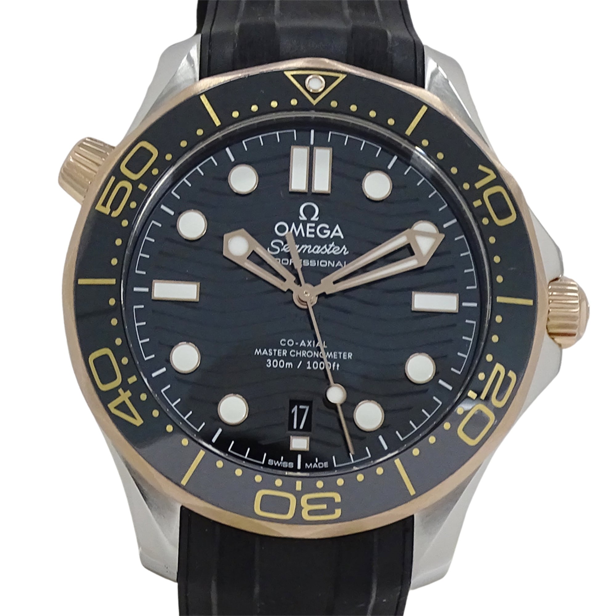 Omega Seamaster 210.22.42.20.01.002 Men's Watch, Brand: Diver, 300m Water Resistant, Date, Automatic Movement, Sedna Gold, Stainless Steel (SS), Rubber Strap, Open Caseback — Good