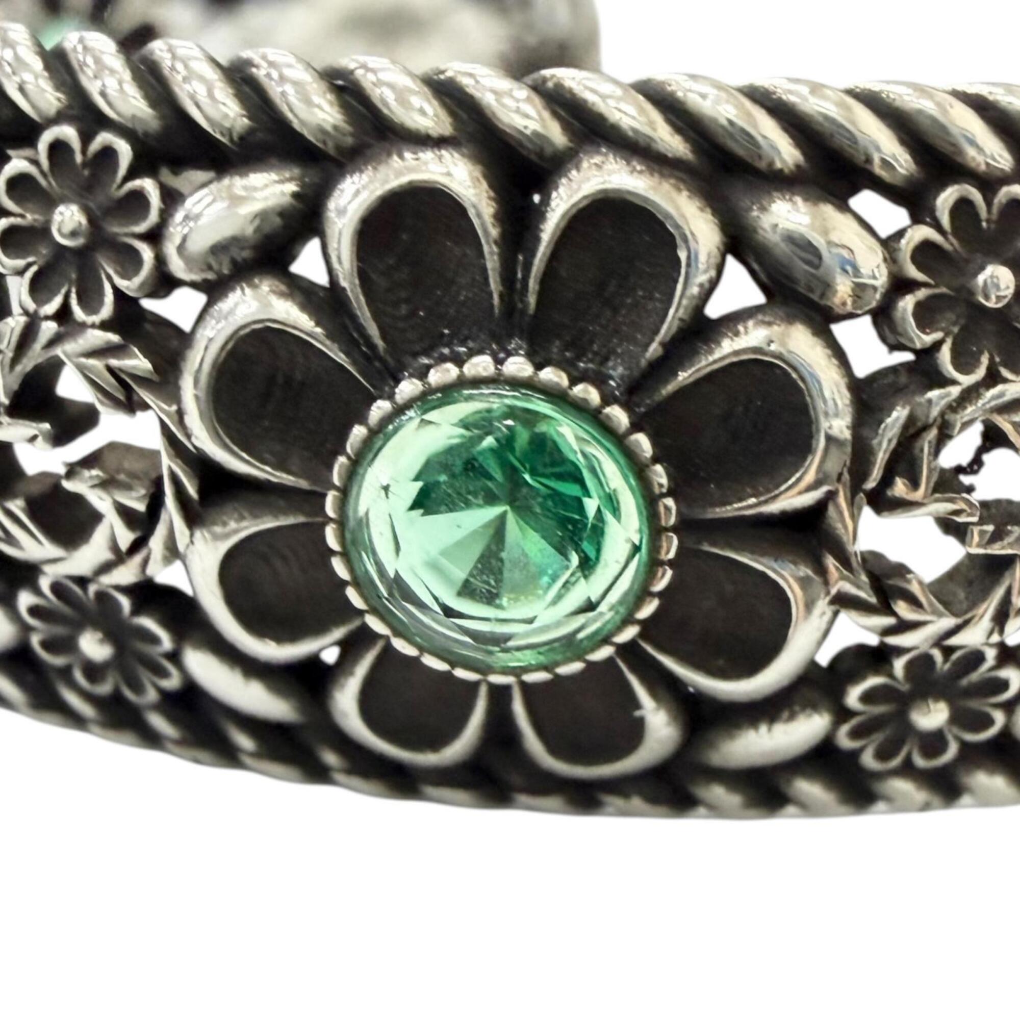 GUCCI AG925 Rhinestone Crystal Floral Interlocking G Bangle Bracelet, Silver Green, Size 16, Made in Italy, Weight 26.2g, Men's — Like New