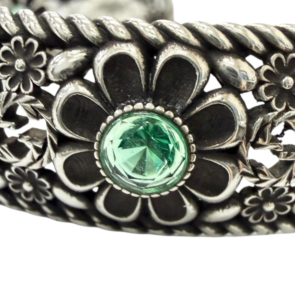GUCCI AG925 Rhinestone Crystal Floral Interlocking G Bangle Bracelet, Silver Green, Size 16, Made in Italy, Weight 26.2g, Men's — Like New