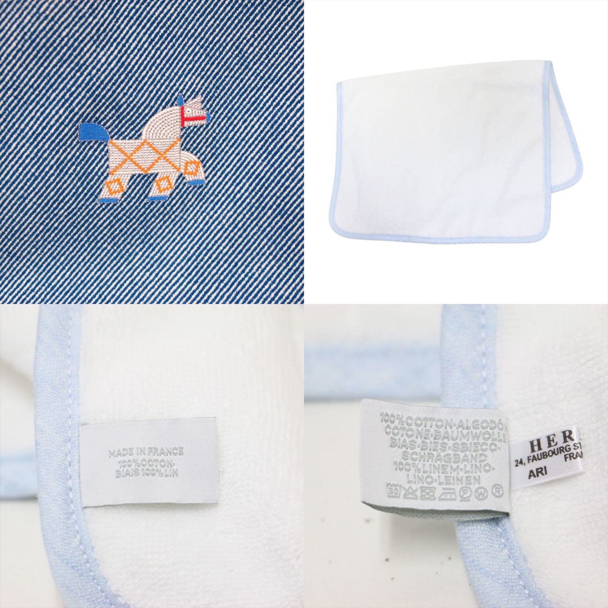 HERMES Animaux Natte Tote Bag, Embroidered Animal Motif, Snap Button Closure, Drawstring, Wool Cotton, Blue Pants, Women's — Like New