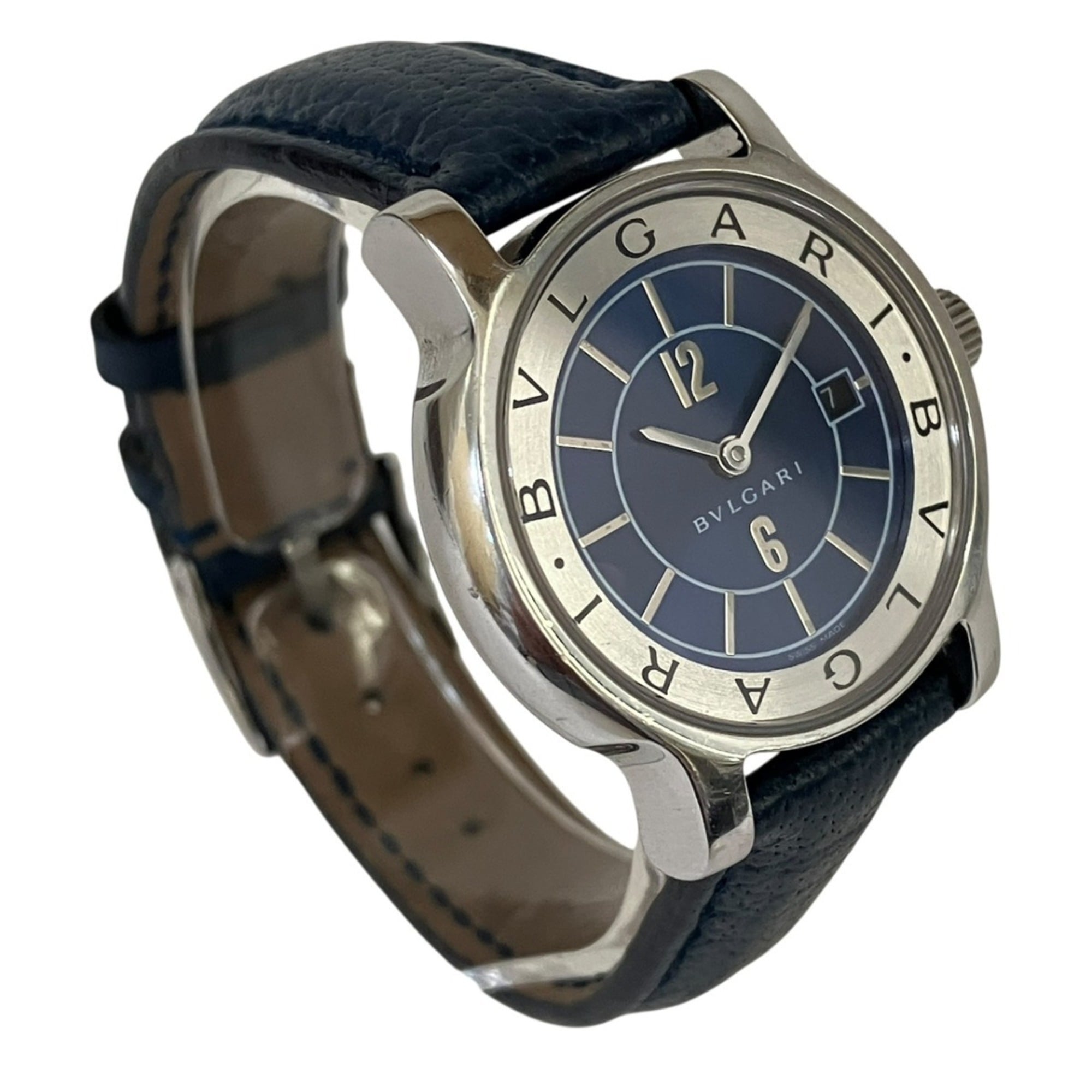 Bulgari BVLGARI Solotempo watch, total weight 24.3g, stainless steel, genuine leather strap, quartz movement, blue dial, ST29S — Good
