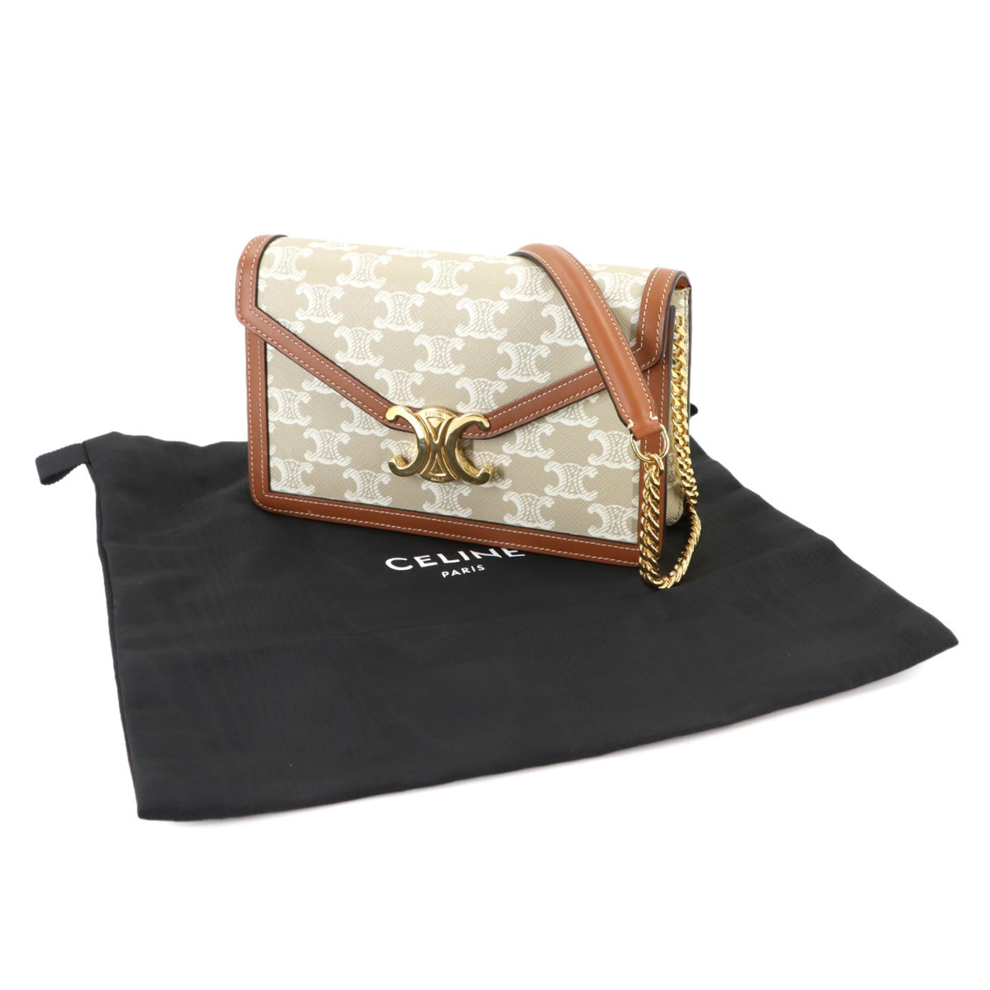 Celine Triomphe Chain Wallet, PVC Leather, Beige and Brown, Gold Hardware, 10L462FI6