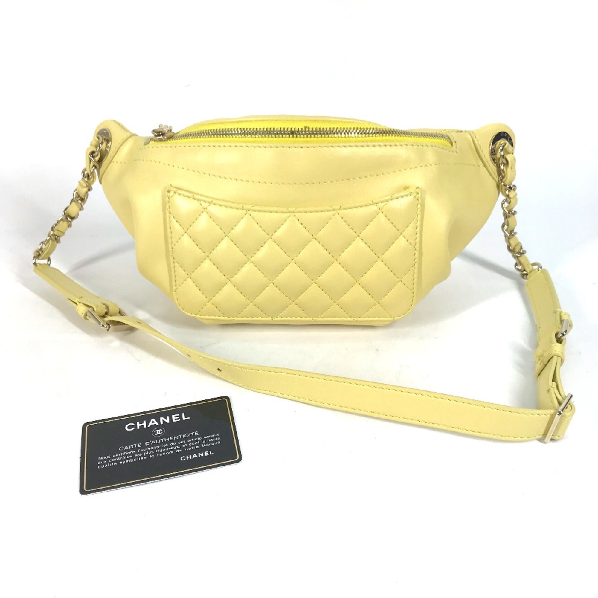 Chanel A57832 Chain Belt Bag Waist Pouch Bag Cross Quilted Matelasse body bag yellow GoldHardware — Like New
