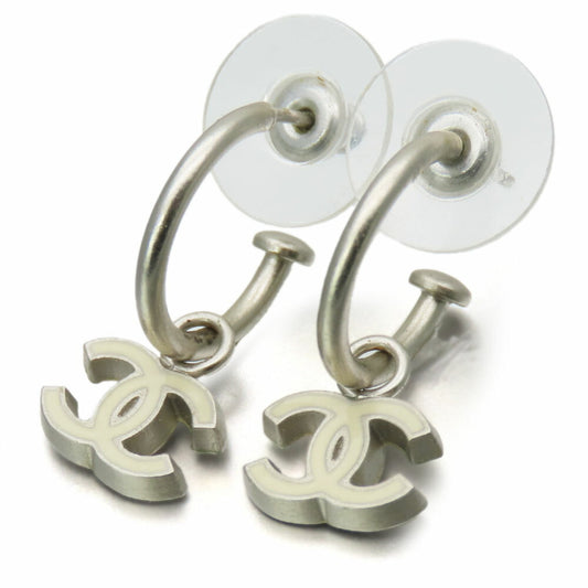 Chanel Earrings Coco Mark Metal White Plated Half Loop 06P Women's CHANEL