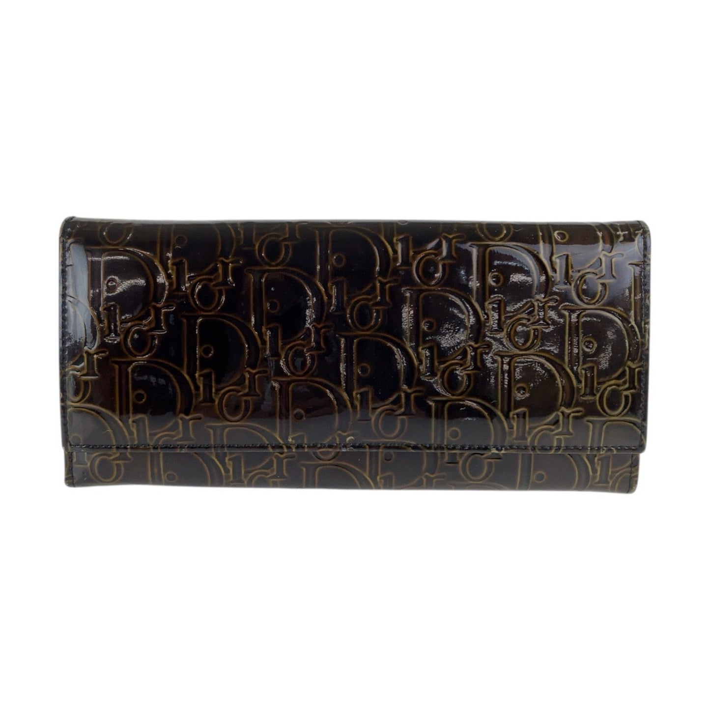 Christian Dior Trotter Brown Patent Leather Long Wallet with Silver Hardware, Women's, 506257