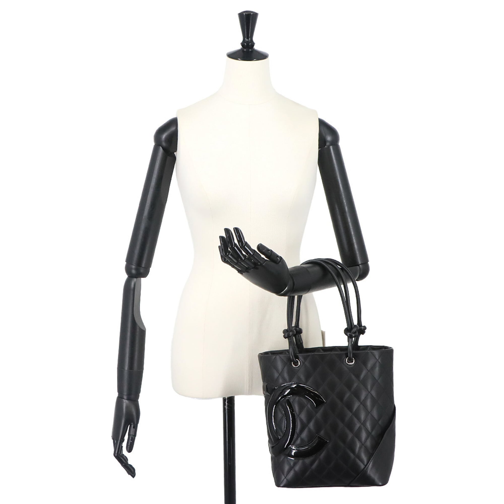 Chanel Cambon Line Medium Tote Handbag, Leather Enamel Black, A25167, Silver Hardware — Like New