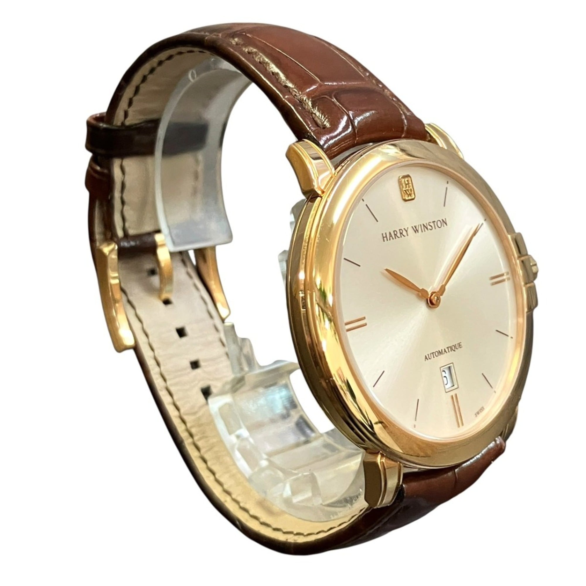 Harry Winston Midnight Date Watch, Total Weight 79.8g, 18K Gold, Genuine Leather Strap, Automatic Movement, Silver Dial, 450MA42RL.W1 051325 — Very Good