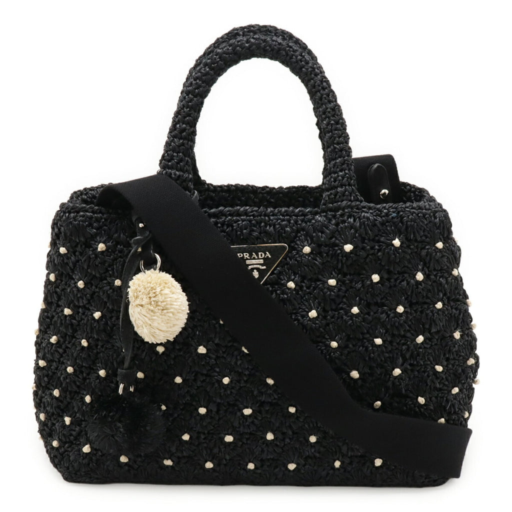PRADA Raffia Tote Bag, Basket Shoulder Polka Dot Pattern, NERO, Black/Ivory, Purchased at a Japanese Boutique, 1BG889