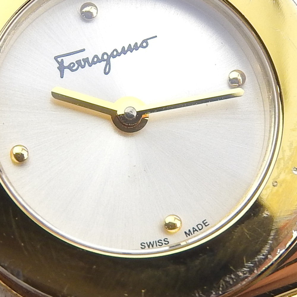 Salvatore Ferragamo Gancini Bangle Watch FQ5 Gold Plated Quartz Analog Silver Dial Women's — Good