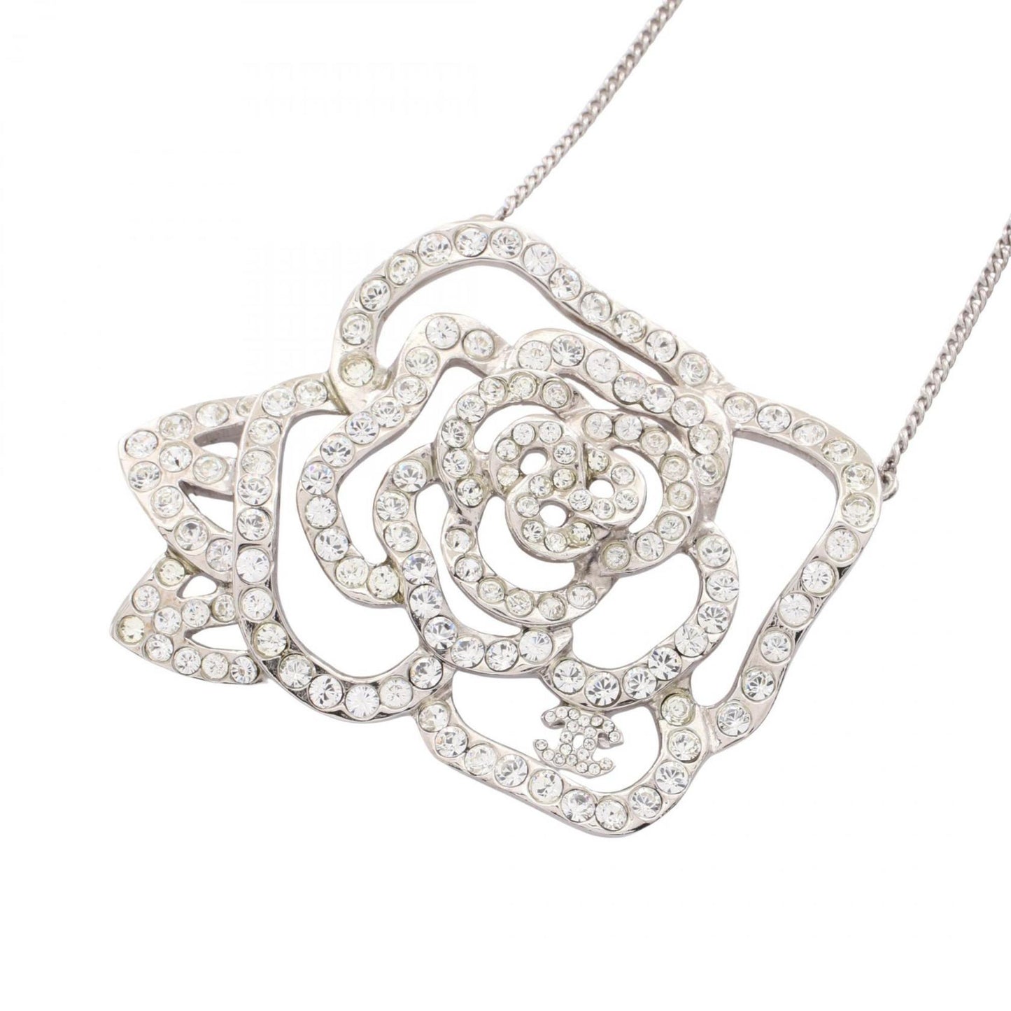 CHANEL Camellia Coco Mark Necklace in Stainless Steel with Rhinestones, Silver and Clear