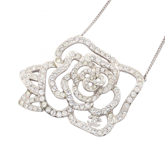 CHANEL Camellia Coco Mark Necklace in Stainless Steel with Rhinestones, Silver and Clear