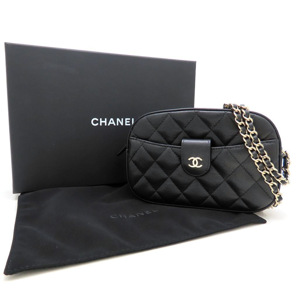 CHANEL Matelassé Chain Shoulder Bag AP3998, Caviar Leather, Black, Women's, 353279 — Like New