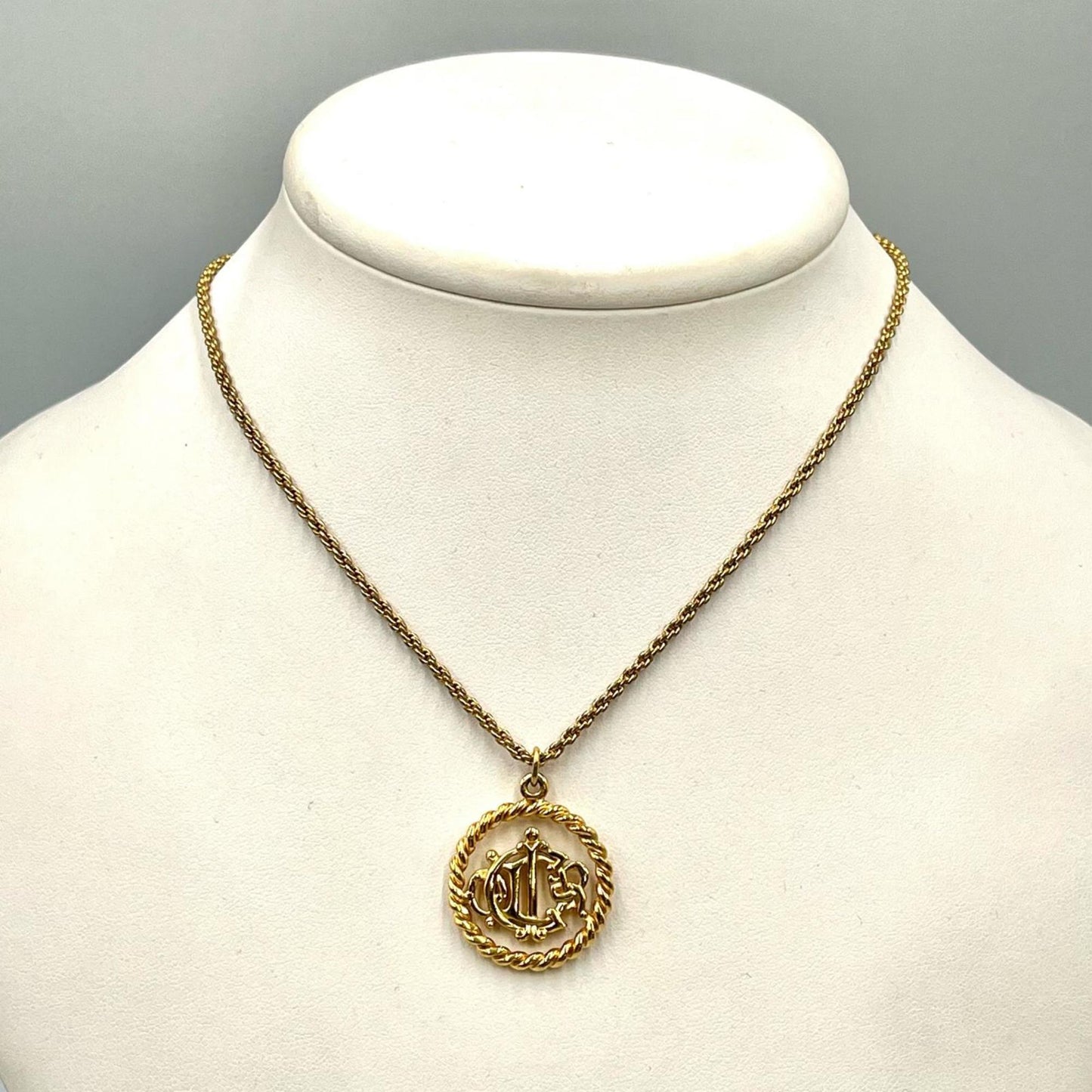 Christian Dior necklace logo round antique metal women's