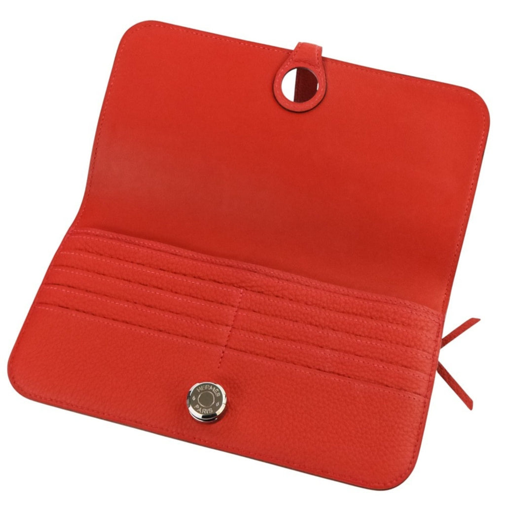 HERMES Dogon Long Wallet in Taurillon Clemence Leather with Silver Hardware, K Stamp, Made 2025, Red, Women's