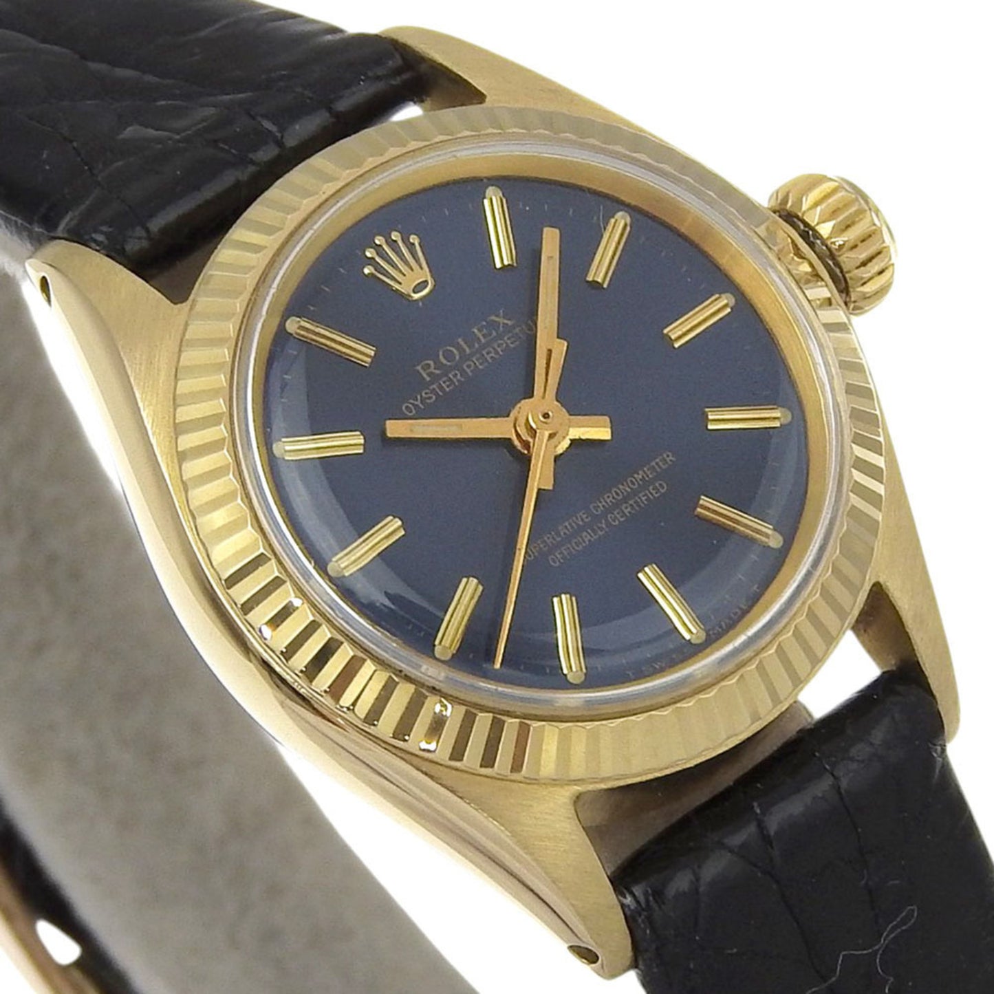 Rolex Oyster Perpetual Watch, caliber 1130, 6619, Yellow Gold with Embossed Leather, 1966, Automatic, Analog Display, Navy Dial, Women's