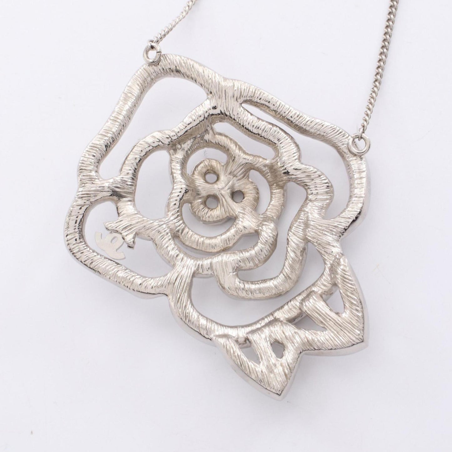 CHANEL Camellia Coco Mark Necklace in Stainless Steel with Rhinestones, Silver and Clear